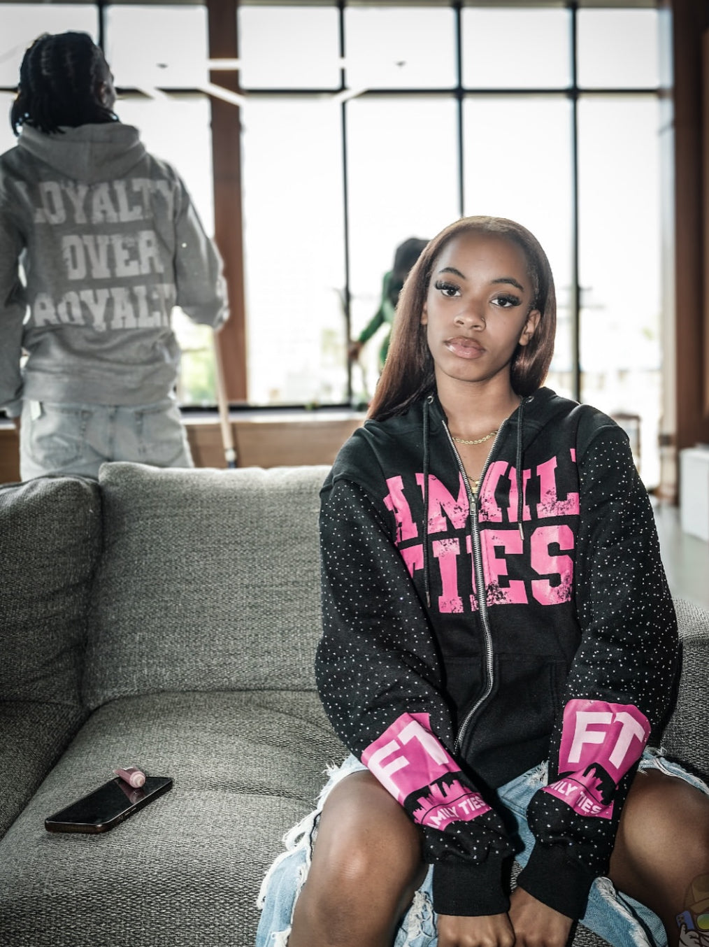 Black & Double Pink “ROYALTY” Rhinestone Zip-Up